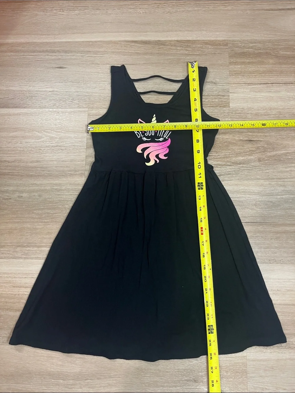Justice Girls Black Sleeveless Tank Dress with Unicorn Be-YOU-tiful, size 6/7